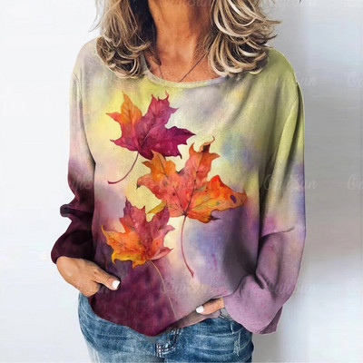 Topi ar garām piedurknēm Sieviešu apģērbi Rudens 3d Kļavas Lapu Apdrukas Džemperi T-krekli Liela izmēra sieviešu apģērbi 2023. gada modes trikotāžas izstrādājumi