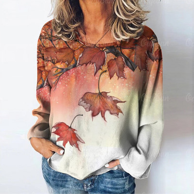 Topi ar garām piedurknēm Sieviešu apģērbi Rudens 3d Kļavas Lapu Apdrukas Džemperi T-krekli Liela izmēra sieviešu apģērbi 2023. gada modes trikotāžas izstrādājumi