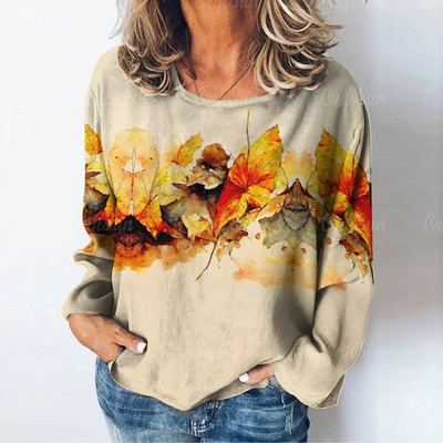 Topi ar garām piedurknēm Sieviešu apģērbi Rudens 3d Kļavas Lapu Apdrukas Džemperi T-krekli Liela izmēra sieviešu apģērbi 2023. gada modes trikotāžas izstrādājumi
