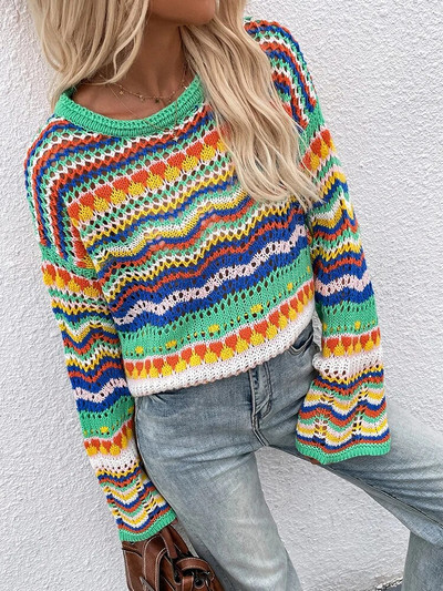 Svītrains sieviešu džemperis korejiešu modes trikotāžas topi ar garām piedurknēm O veida kakla puloveri Rudens apģērbi sievietēm 2023 Jaunumi