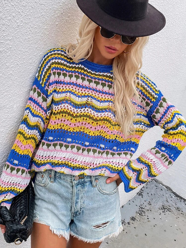 Svītrains sieviešu džemperis korejiešu modes trikotāžas topi ar garām piedurknēm O veida kakla puloveri Rudens apģērbi sievietēm 2023 Jaunumi