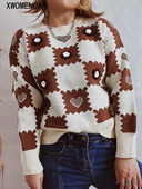 Φθινοπωρινό χειμωνιάτικο καρό γυναικείο πουλόβερ πλεκτές καρδιές με μακρυμάνικο τοπ ροζ πουλόβερ με λαιμόκοψη Μόδα Νέα σε πλεκτά 2023