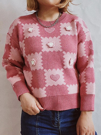 Есенно-зимен кариран изрязан дамски пуловер с плетени сърца с дълъг ръкав, розови пуловери с О-образно деколте, модни нови в плетивата 2023 г.