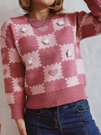 Есенно-зимен кариран изрязан дамски пуловер с плетени сърца с дълъг ръкав, розови пуловери с О-образно деколте, модни нови в плетивата 2023 г.