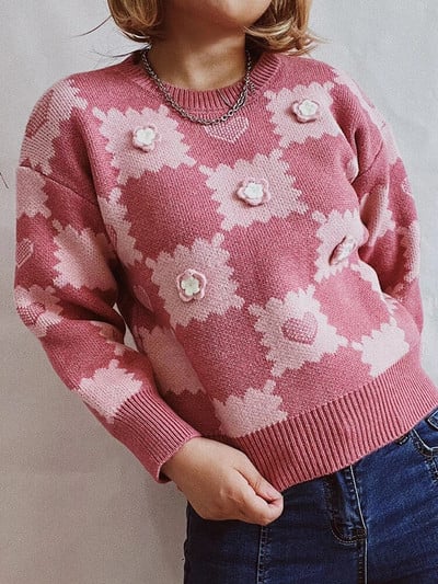 Φθινοπωρινό χειμωνιάτικο καρό γυναικείο πουλόβερ πλεκτές καρδιές με μακρυμάνικο τοπ ροζ πουλόβερ με λαιμόκοψη Μόδα Νέα σε πλεκτά 2023