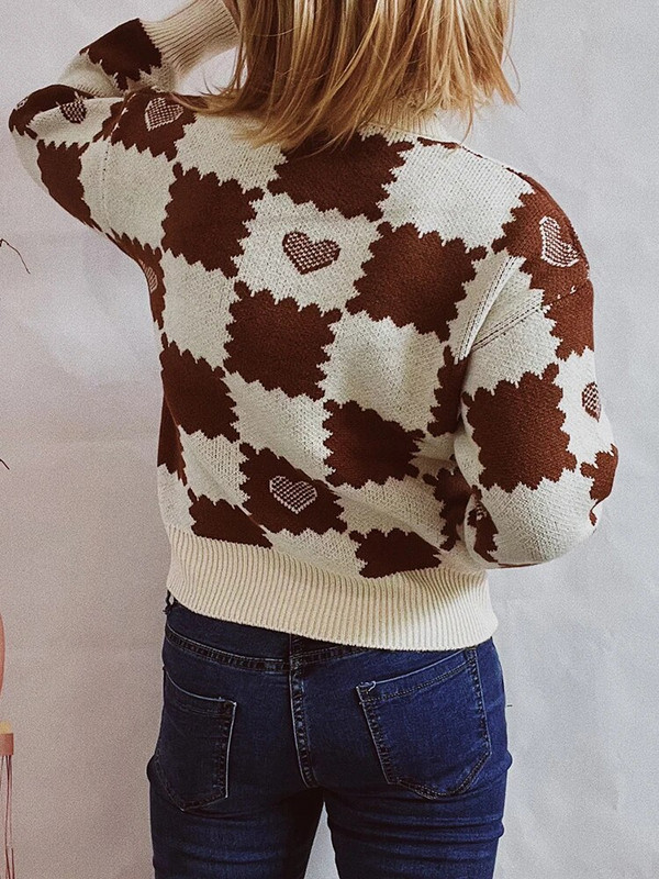 Φθινοπωρινό χειμωνιάτικο καρό γυναικείο πουλόβερ πλεκτές καρδιές με μακρυμάνικο τοπ ροζ πουλόβερ με λαιμόκοψη Μόδα Νέα σε πλεκτά 2023