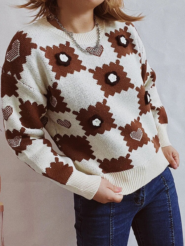 Φθινοπωρινό χειμωνιάτικο καρό γυναικείο πουλόβερ πλεκτές καρδιές με μακρυμάνικο τοπ ροζ πουλόβερ με λαιμόκοψη Μόδα Νέα σε πλεκτά 2023