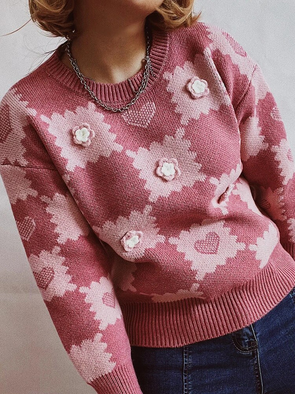 Φθινοπωρινό χειμωνιάτικο καρό γυναικείο πουλόβερ πλεκτές καρδιές με μακρυμάνικο τοπ ροζ πουλόβερ με λαιμόκοψη Μόδα Νέα σε πλεκτά 2023