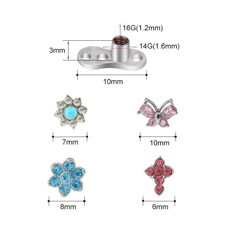 1Pc Micro Dermal Piercing Titanium Stainless Steel Crystal Dermal Piercings Top Dermal Anchor Skin Diver Surface Piercing