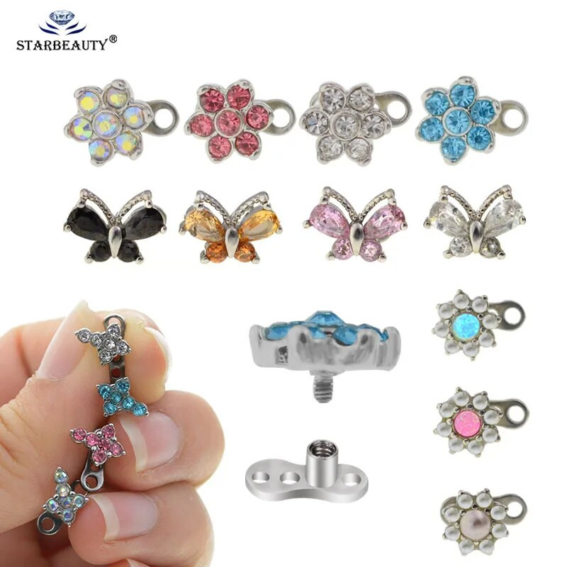 1Pc Micro Dermal Piercing Titanium Stainless Steel Crystal Dermal Piercings Top Dermal Anchor Skin Diver Surface Piercing