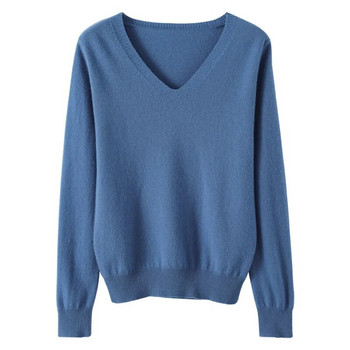Дамски 2023 Есен Зима Плетени пуловери V-образно деколте Slim Fit Bottoming Риза Едноцветни меки трикотажни джъмпери Основни пуловери