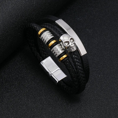 Uus ärimeeste nahast käevõru Kootud nahast käevõru Minimalistlik trend koljupeaga titaanist terasest käevõru magnetpandlaga