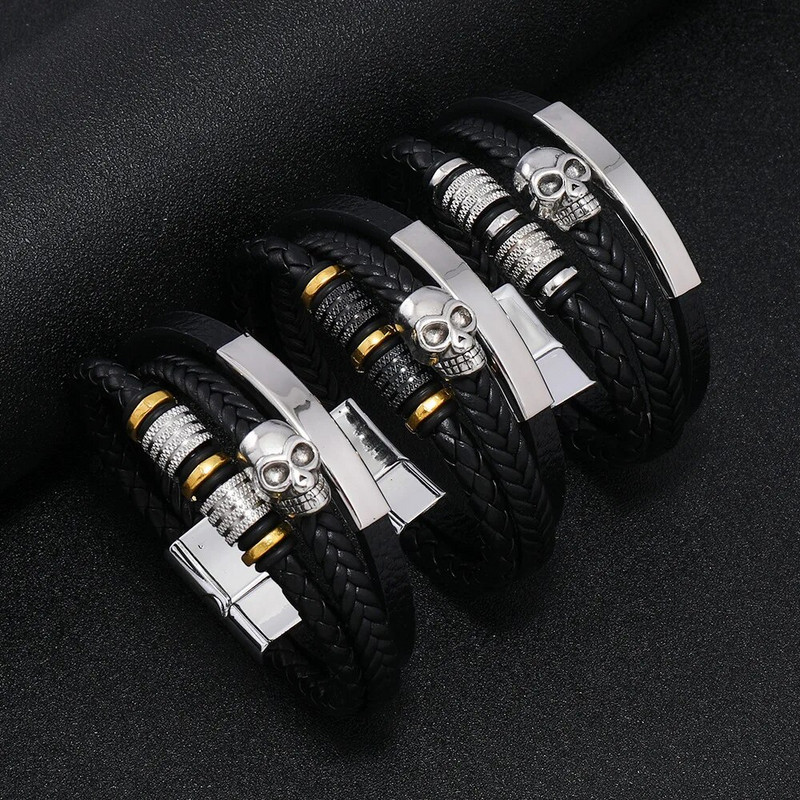 Uus ärimeeste nahast käevõru Kootud nahast käevõru Minimalistlik trend koljupeaga titaanist terasest käevõru magnetpandlaga