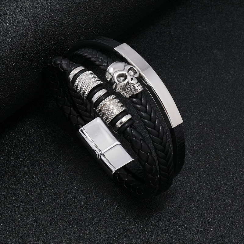 Uus ärimeeste nahast käevõru Kootud nahast käevõru Minimalistlik trend koljupeaga titaanist terasest käevõru magnetpandlaga