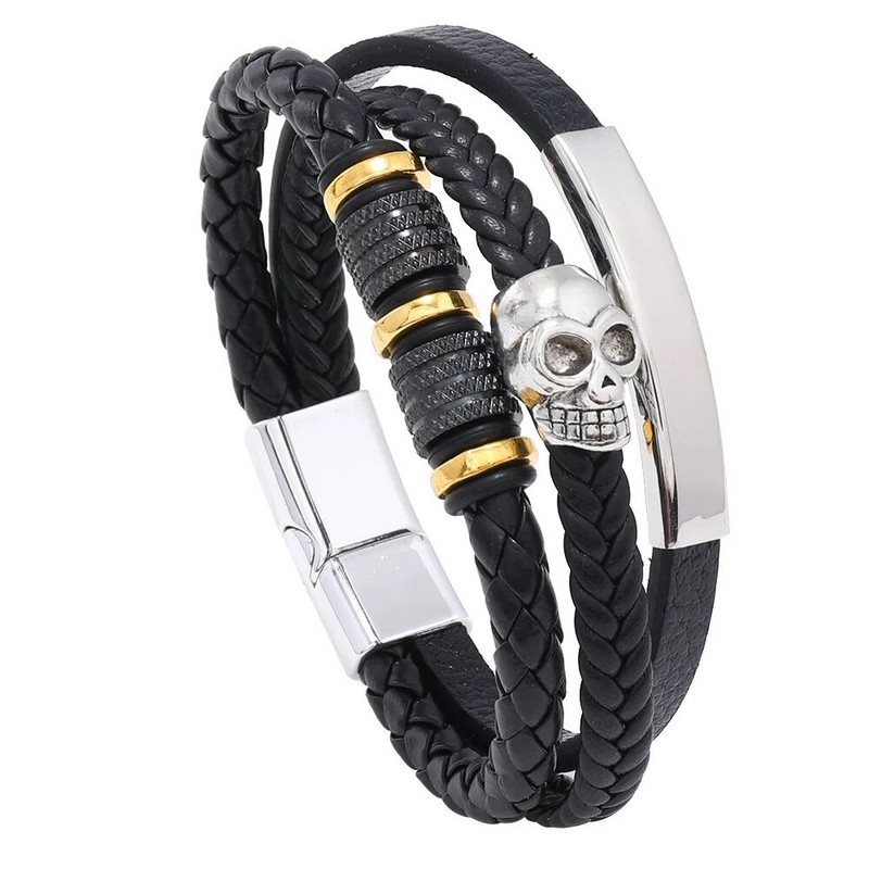 Uus ärimeeste nahast käevõru Kootud nahast käevõru Minimalistlik trend koljupeaga titaanist terasest käevõru magnetpandlaga