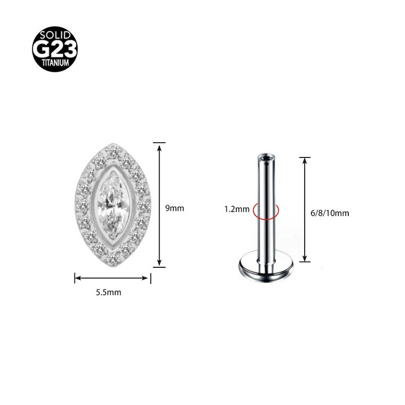 ASTM F136 Titanium Eye ovális EAR PIERC Marquise CZ Center Burkolt belső menetes felső szegecsek Tragus Pircing fülbevaló ajakcsavar Pier