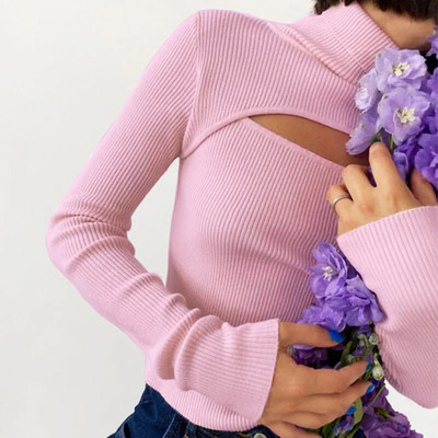 Turtleneck Long Sleeve Hollow Out Slim Knitted Sweaters Autumn Women Fashion Knitwear Pullover Tops YKD