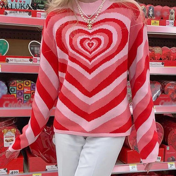 Y2K Aesthetics Пуловер Дамски модни пуловери с раирани сърца E-girl Сладък пуловер Ежедневни елегантни трикотажни дрехи от 90-те Дрехи с кръгло деколте