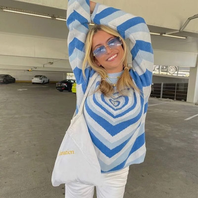 Y2K Αισθητική Γυναικεία Πουλόβερ Καρδιά Ριγέ Μόδα Πουλόβερ E-girl Γλυκό πουλόβερ Casual Κομψά 90s Πλεκτά Ρούχα με στρογγυλή λαιμόκοψη