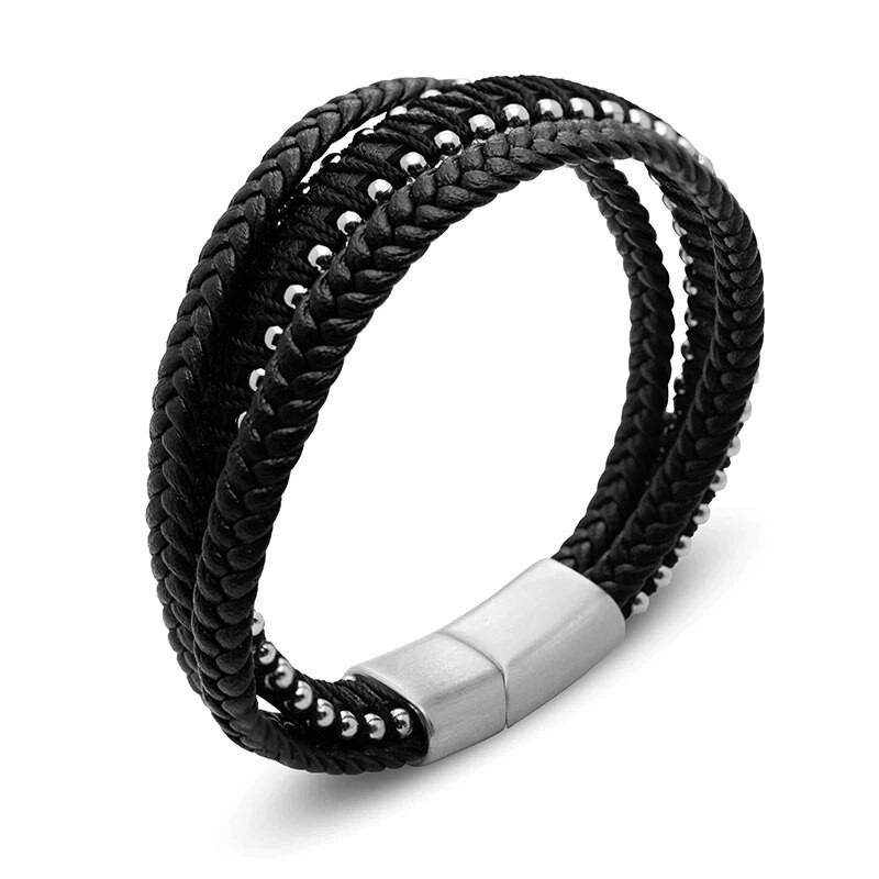 Jaunas modes daudzslāņu ādas rokassprādzes un šarmantas rokassprādzes ar rokām darinātas nerūsējošā tērauda pogas rokassprādze vīriešiem juvelierizstrādājumu dāvanu vairumtirdzniecība