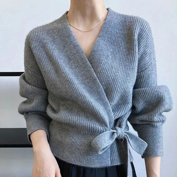 Корейска модна плетена жилетка за жени, висококачествена, ежедневна, V-образно деколте, фенер с ръкав, дантелен къс пуловер, дамски елегантен трикотаж
