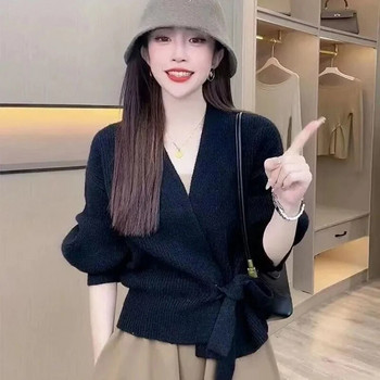 Κορεάτικη μόδα πλεκτή ζακέτα για γυναίκες Υψηλής ποιότητας casual V-λαιμόκοψη φανάρι μανίκι με κορδόνια κοντό πουλόβερ Lady κομψό πλεκτό