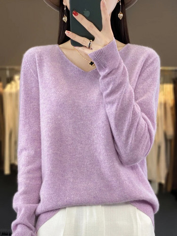 Дамски основен пуловер 100% мериносова вълна Пуловер Есен Зима V-образно деколте Ежедневен кашмирен трикотаж Женска долна риза Модни горнища