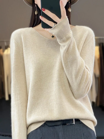 Дамски основен пуловер 100% мериносова вълна Пуловер Есен Зима V-образно деколте Ежедневен кашмирен трикотаж Женска долна риза Модни горнища