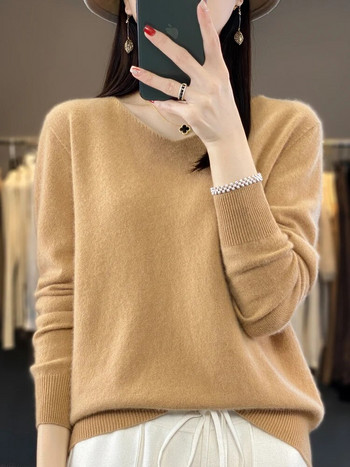 Γυναικείο πουλόβερ Basic 100% Μάλλινο πουλόβερ Merino Φθινοπωρινό χειμερινό με λαιμόκοψη V-λαιμόκοψη Casual κασμίρ Πλεκτά Γυναικεία πουκάμισα με πάτο μόδας