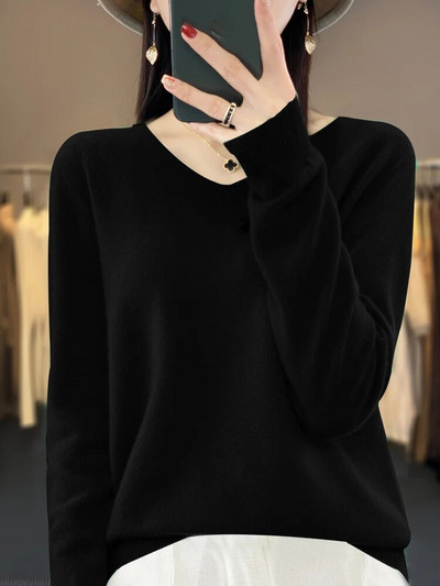 Sieviešu pamata džemperis 100% merino vilnas džemperis rudens ziemas V veida kakla izgriezums ikdienišķs kašmira trikotāža Sieviešu apakšējais krekls Modes topi