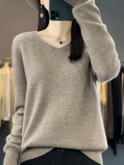 Sieviešu pamata džemperis 100% merino vilnas džemperis rudens ziemas V veida kakla izgriezums ikdienišķs kašmira trikotāža Sieviešu apakšējais krekls Modes topi