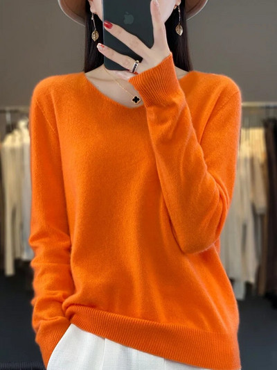 Sieviešu pamata džemperis 100% merino vilnas džemperis rudens ziemas V veida kakla izgriezums ikdienišķs kašmira trikotāža Sieviešu apakšējais krekls Modes topi