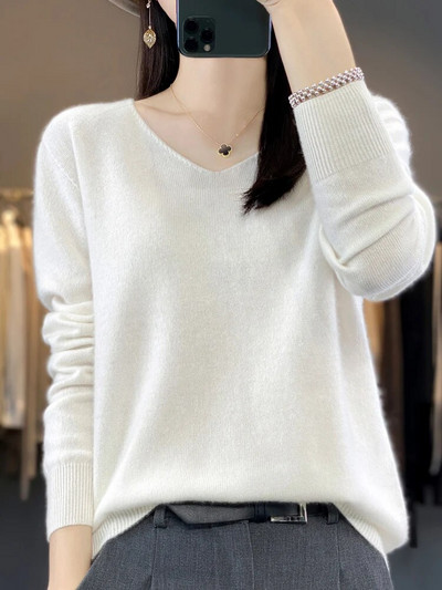Sieviešu pamata džemperis 100% merino vilnas džemperis rudens ziemas V veida kakla izgriezums ikdienišķs kašmira trikotāža Sieviešu apakšējais krekls Modes topi