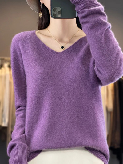 Sieviešu pamata džemperis 100% merino vilnas džemperis rudens ziemas V veida kakla izgriezums ikdienišķs kašmira trikotāža Sieviešu apakšējais krekls Modes topi
