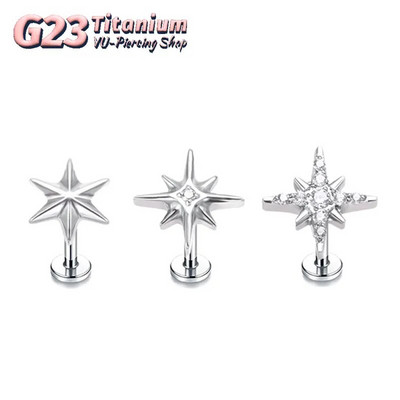 F136 iekšējā vītne Titanium 16G Sparkling CZ North Star Stud Earring Labret Cartilage Tragus Helix gliemežnīcas daivas pīrsings 2023