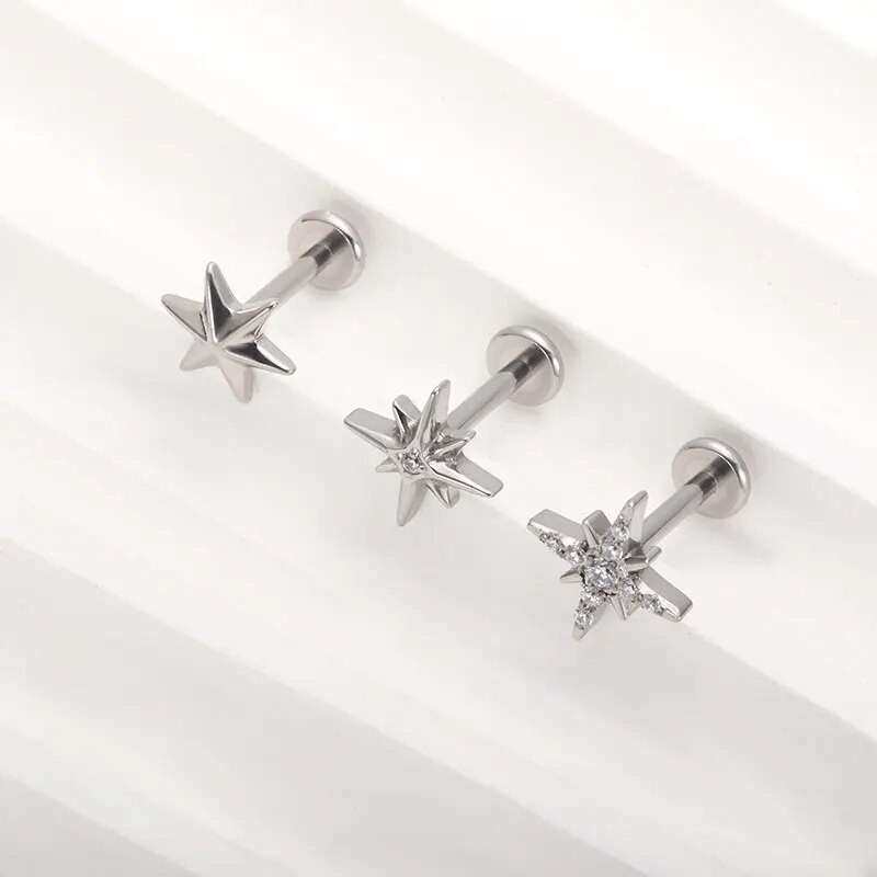 F136 iekšējā vītne Titanium 16G Sparkling CZ North Star Stud Earring Labret Cartilage Tragus Helix gliemežnīcas daivas pīrsings 2023