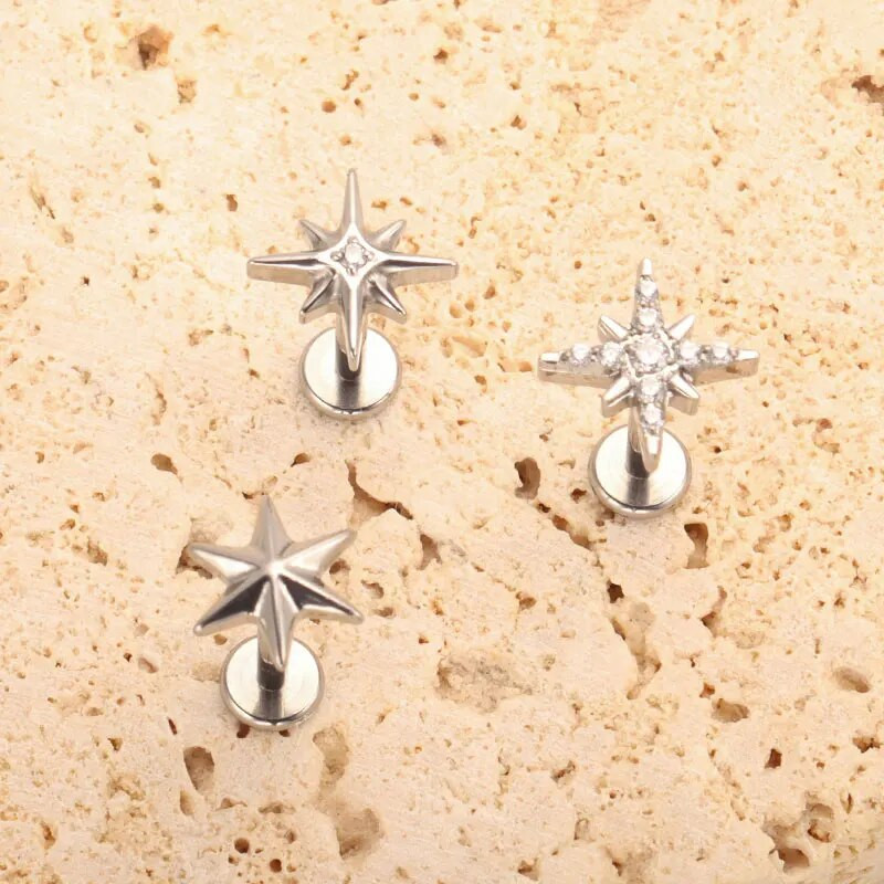 F136 iekšējā vītne Titanium 16G Sparkling CZ North Star Stud Earring Labret Cartilage Tragus Helix gliemežnīcas daivas pīrsings 2023