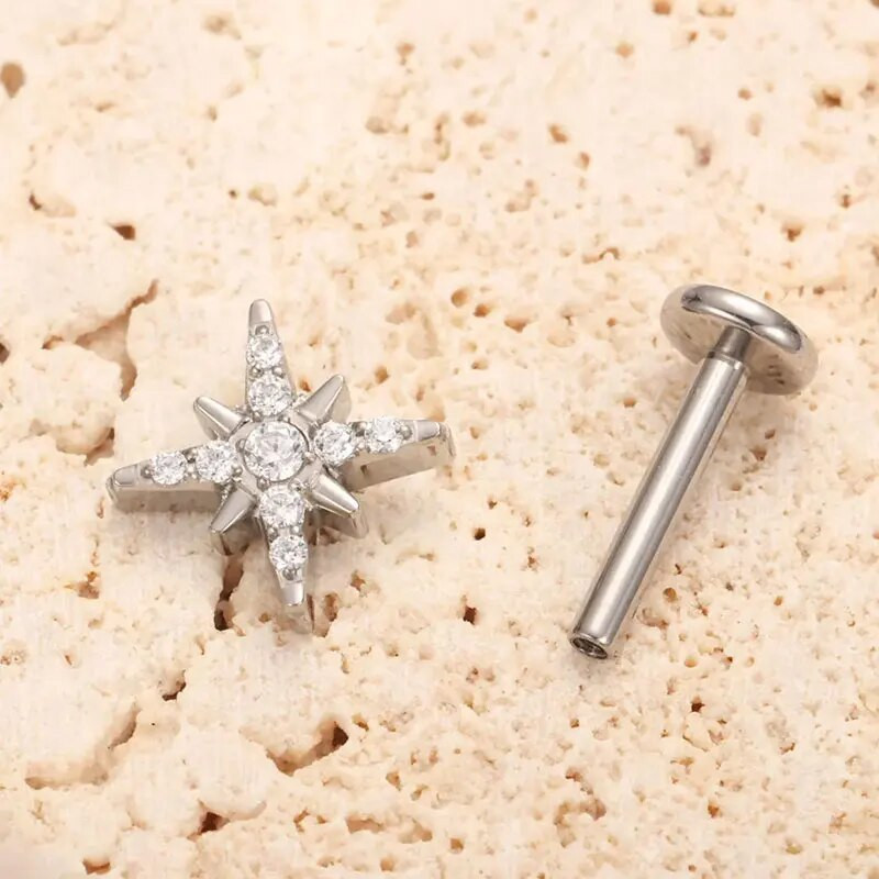 F136 iekšējā vītne Titanium 16G Sparkling CZ North Star Stud Earring Labret Cartilage Tragus Helix gliemežnīcas daivas pīrsings 2023