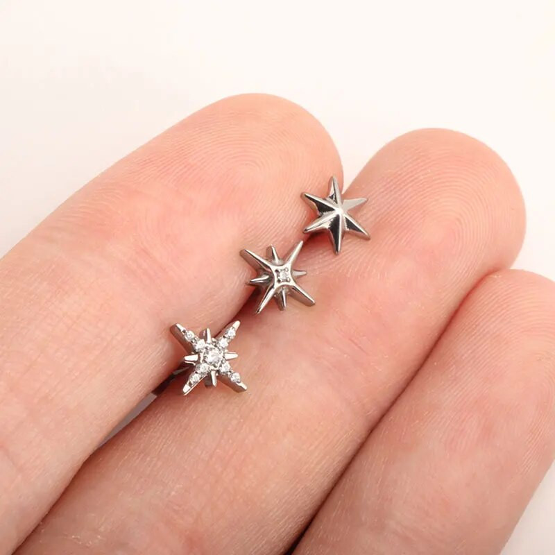 F136 iekšējā vītne Titanium 16G Sparkling CZ North Star Stud Earring Labret Cartilage Tragus Helix gliemežnīcas daivas pīrsings 2023