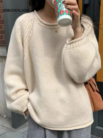Γυναικεία ρούχα 2023 Νέα στην κορεατική μόδα Φθινόπωρο Χειμώνας Φαρδιά μακρυμάνικα πουλόβερ μονόχρωμα Πλεκτά πουλόβερ με λαιμόκοψη
