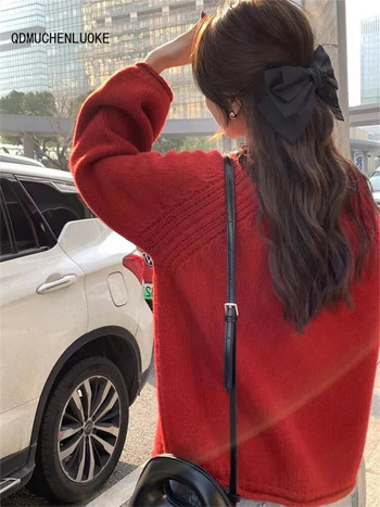 Γυναικεία ρούχα 2023 Νέα στην κορεατική μόδα Φθινόπωρο Χειμώνας Φαρδιά μακρυμάνικα πουλόβερ μονόχρωμα Πλεκτά πουλόβερ με λαιμόκοψη