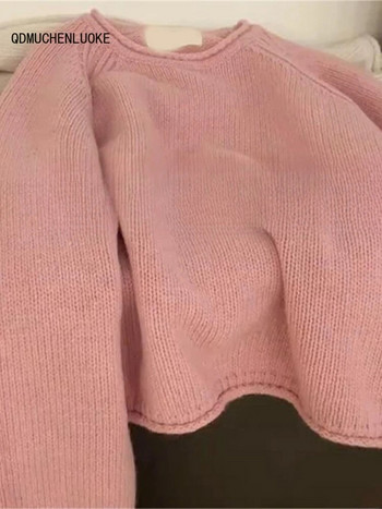 Дамско облекло 2023 Ново в корейската мода Есен Зима Свободни горни пуловери с дълги ръкави Едноцветни трикотажни пуловери с О-образно деколте