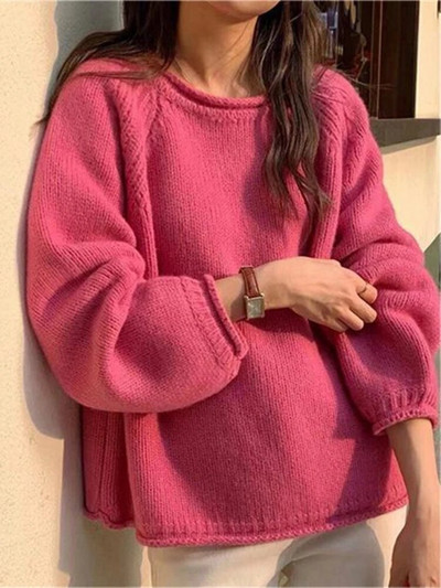 Sieviešu apģērbs 2023. gada jaunums korejiešu stilā rudens ziemas brīvi džemperi ar garām piedurknēm vienkrāsaini trikotāžas džemperi ar O veida kakla izgriezumu