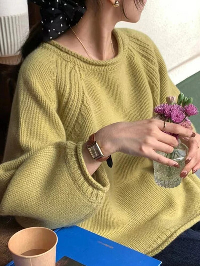 Sieviešu apģērbs 2023. gada jaunums korejiešu stilā rudens ziemas brīvi džemperi ar garām piedurknēm vienkrāsaini trikotāžas džemperi ar O veida kakla izgriezumu