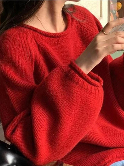 Sieviešu apģērbs 2023. gada jaunums korejiešu stilā rudens ziemas brīvi džemperi ar garām piedurknēm vienkrāsaini trikotāžas džemperi ar O veida kakla izgriezumu