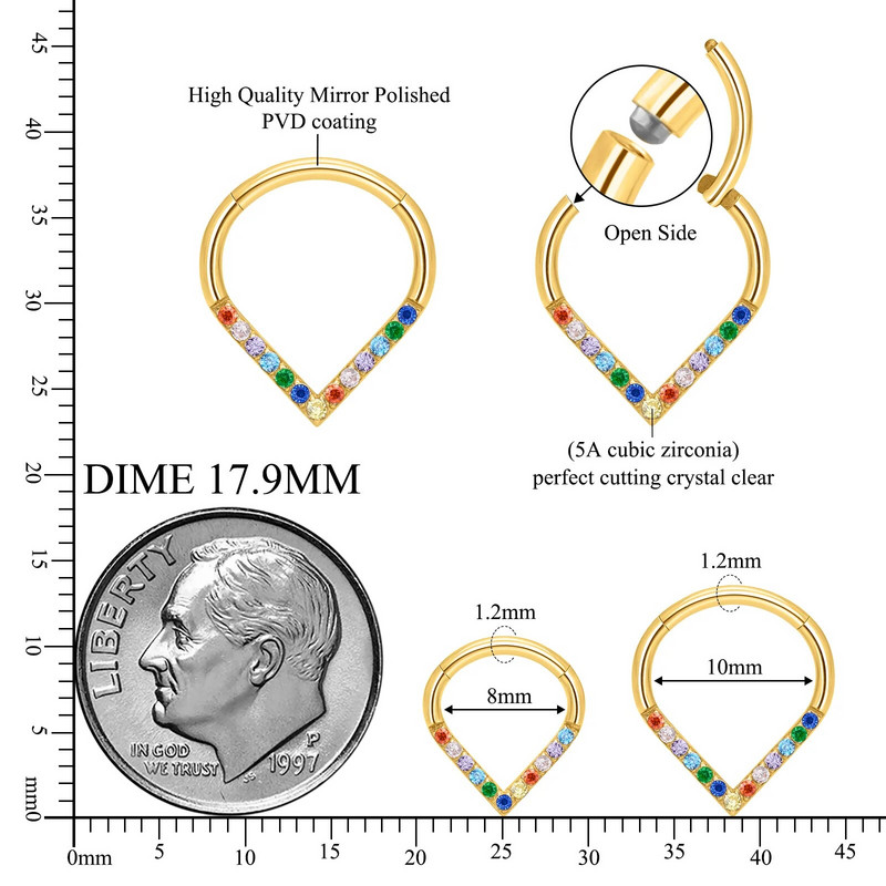 Jauns G23 titāna krāsains CZ asaru starpsienas gredzens 16G deguna gredzens ar šarnīrveida segmentu pīrsings spirāles skrimslisTragus auskaru rotaslietas