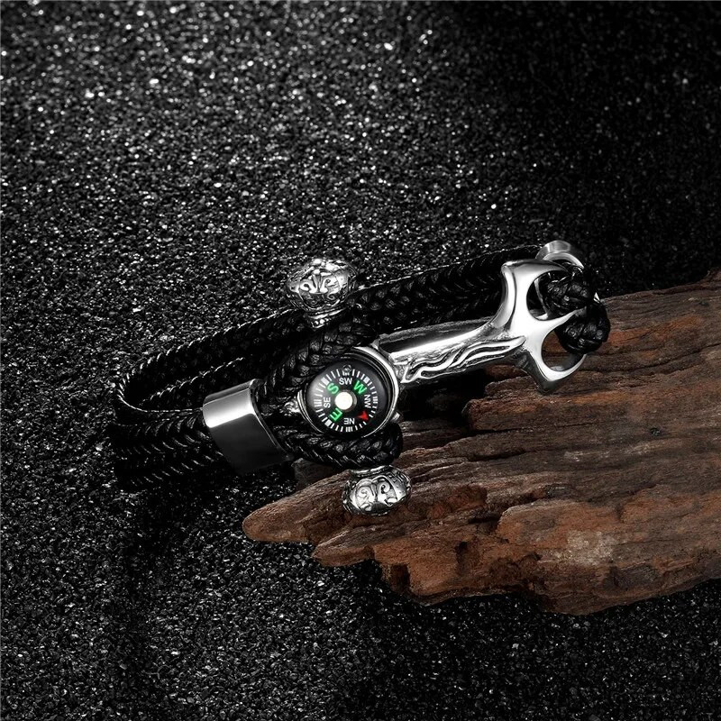MKENDN Υψηλής ποιότητας πυξίδα από ανοξείδωτο ατσάλι Αγκυροδεμένα δεσμά πλεξούδα Δερμάτινο βραχιόλι Ανδρικό βραχιόλι Survival Sport Fashion Κοσμήματα