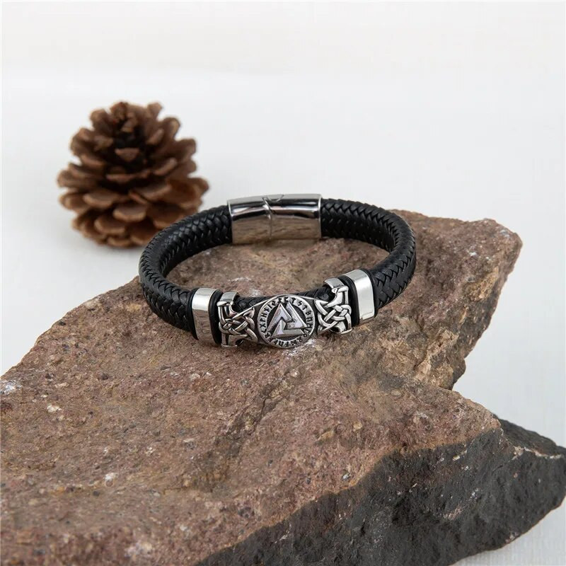 MKENDN Vikings Style 16 šķiedru pītas ādas rokassprādze vīriešiem Trīsstūrveida Vegvisir amulets Skandināvijas Ouroboros rotaslietas