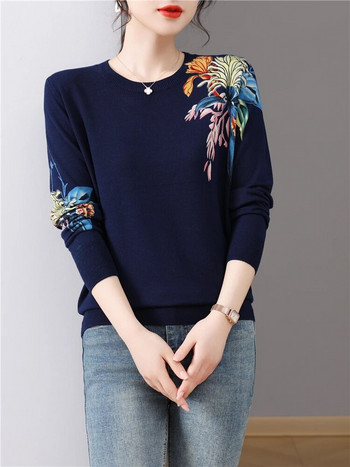 Дамски пуловери с флорален принт Пролет Есен Корейски модни пуловери Топ с дълъг ръкав Blusas Femme Тънък трикотажен пуловер