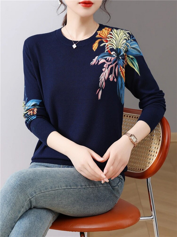 Ziedu apdruka sieviešu džemperi pavasara rudens korejiešu modes puloveri ar garām piedurknēm Blusas Femme plānas trikotāžas džemperis